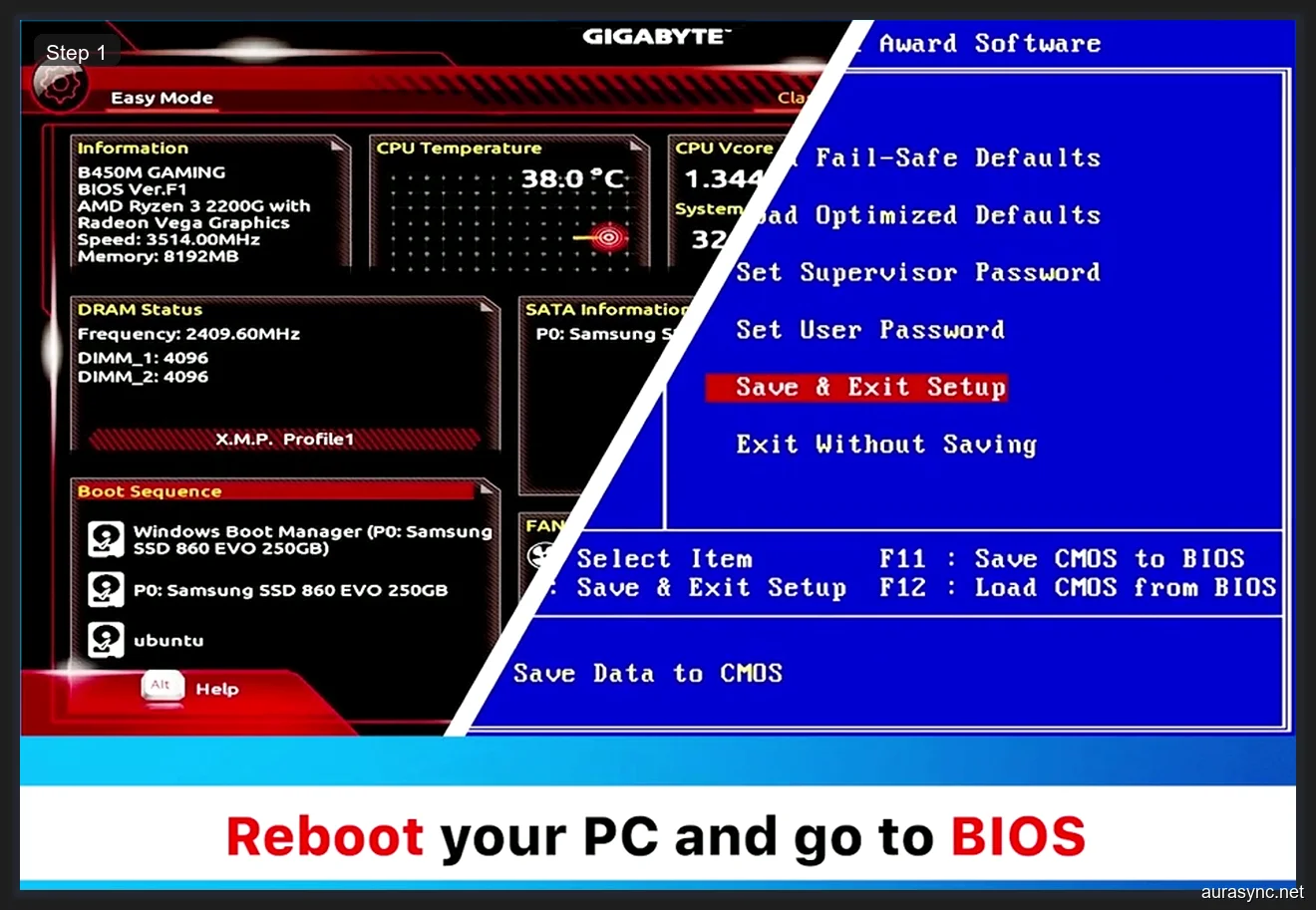 BIOS Easy Mode on Gigabyte B450M Gaming showing CPU temperature and boot sequence with instruction to reboot and check BIOS settings