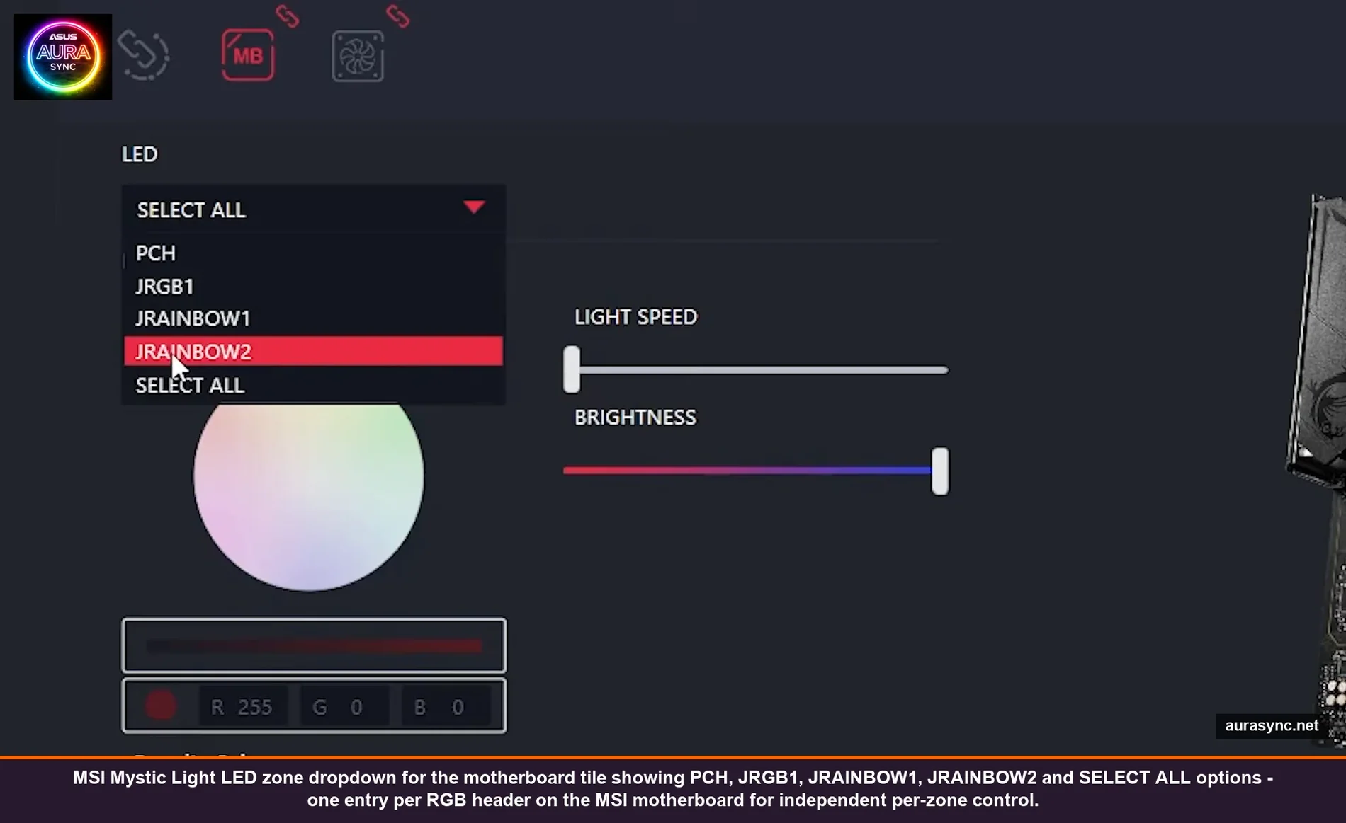 MSI Mystic Light LED zone dropdown for the motherboard tile showing PCH, JRGB1, JRAINBOW1, JRAINBOW2 and SELECT ALL options - one entry per RGB header on the MSI motherboard for independent per-zone control