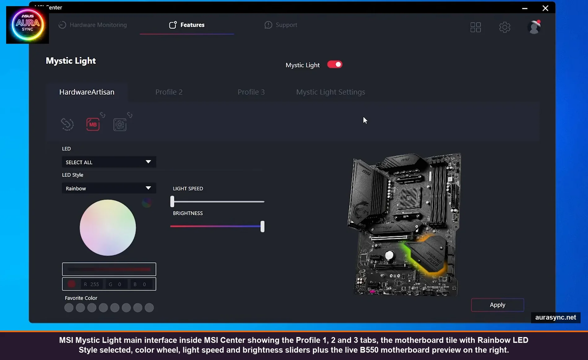 MSI Mystic Light main interface inside MSI Center showing the Profile 1, 2 and 3 tabs, the motherboard tile with Rainbow LED Style selected, color wheel, light speed and brightness sliders plus the live B550 motherboard preview on the right