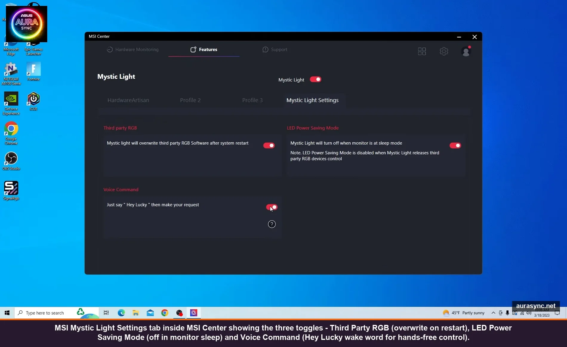 MSI Mystic Light Settings tab inside MSI Center showing the three toggles - Third Party RGB (overwrite on restart), LED Power Saving Mode (off in monitor sleep) and Voice Command (Hey Lucky wake word for hands-free control)