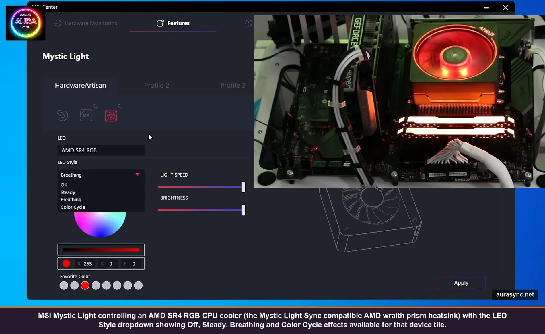 MSI Mystic Light controlling an AMD SR4 RGB CPU cooler (the Mystic Light Sync compatible AMD wraith prism heatsink) with the LED Style dropdown showing Off, Steady, Breathing and Color Cycle effects available for that device tile