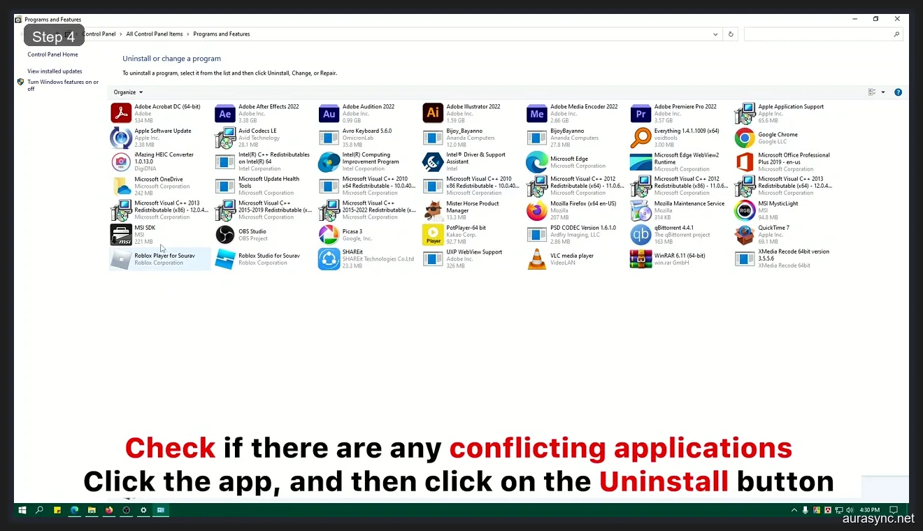 Windows Programs and Features showing installed applications with instruction to check for conflicting RGB software and uninstall