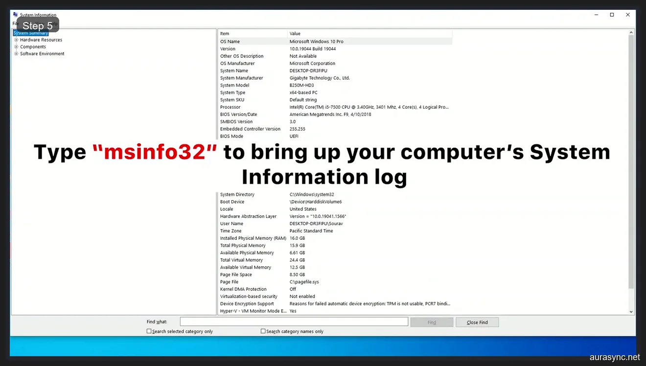 Windows System Information msinfo32 showing Gigabyte B250M-HD3 motherboard model, Intel i5-7500 processor, and BIOS version for driver compatibility check