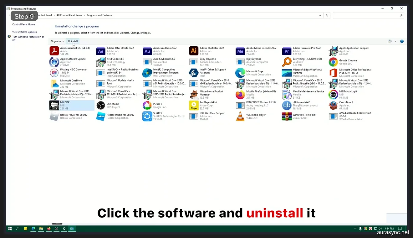 Windows Programs and Features with instruction to click the conflicting MSI software and uninstall it before clean reinstall