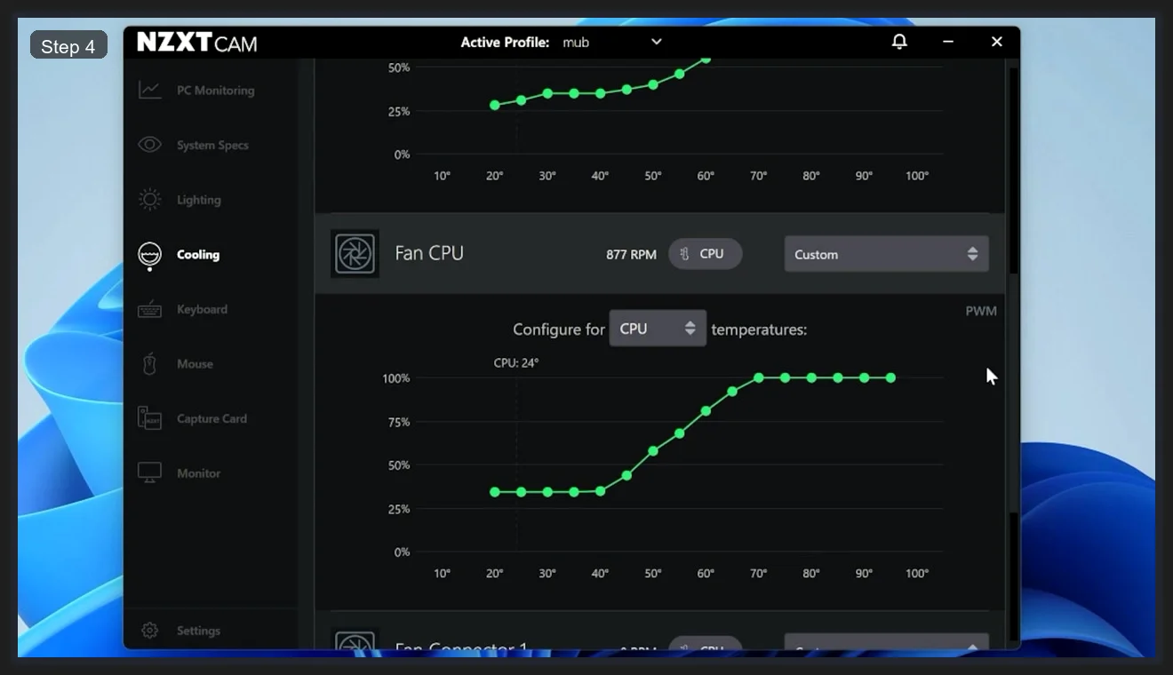 NZXT CAM custom fan curve editor for Fan CPU showing green curve graph configured for CPU temperatures with PWM mode