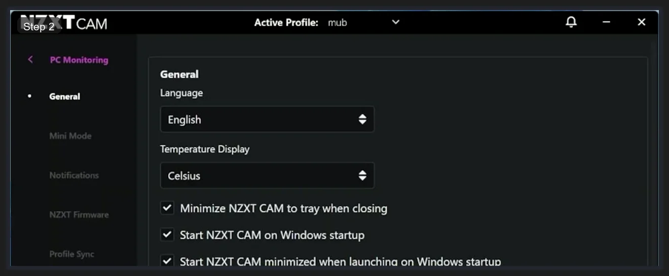 NZXT CAM General settings panel showing startup options including minimize to tray and start on Windows startup checkboxes