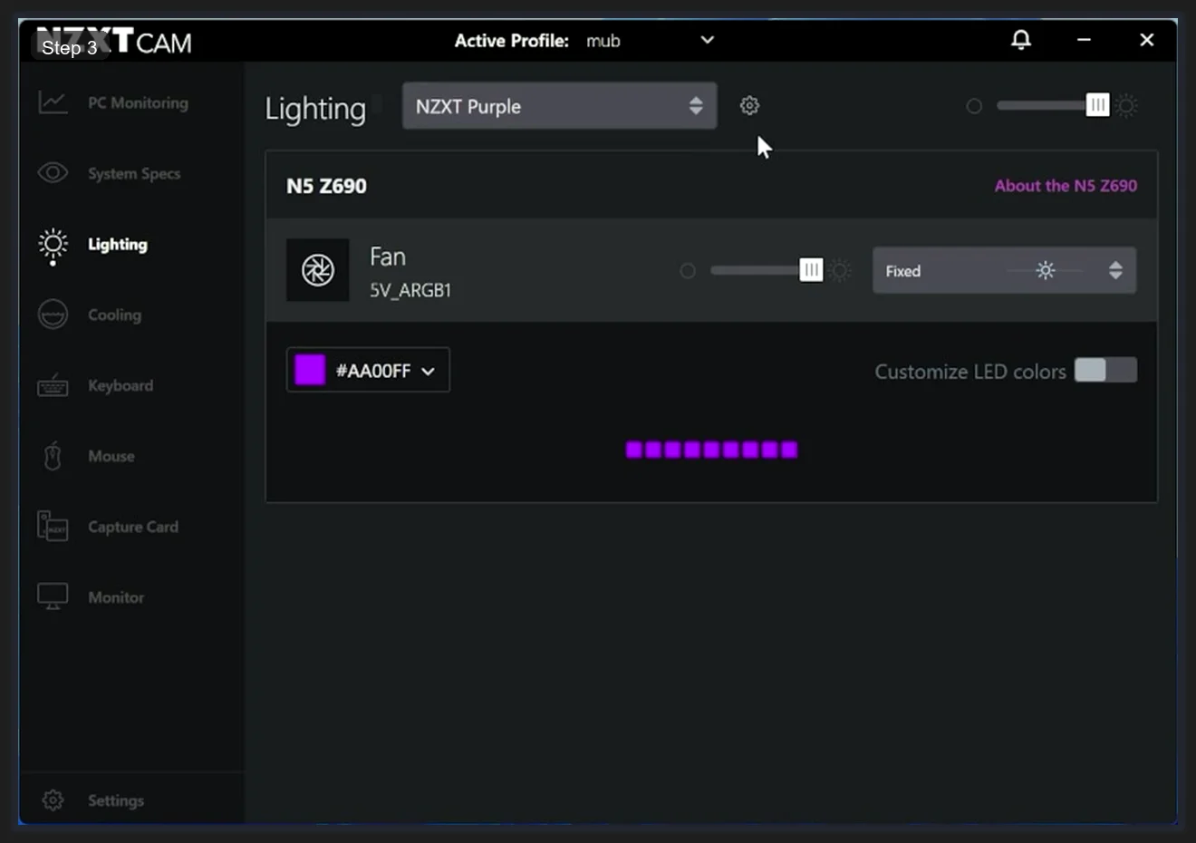 NZXT CAM Lighting tab showing N5 Z690 case fan on 5V_ARGB1 header with Fixed effect and purple color #AA00FF selected