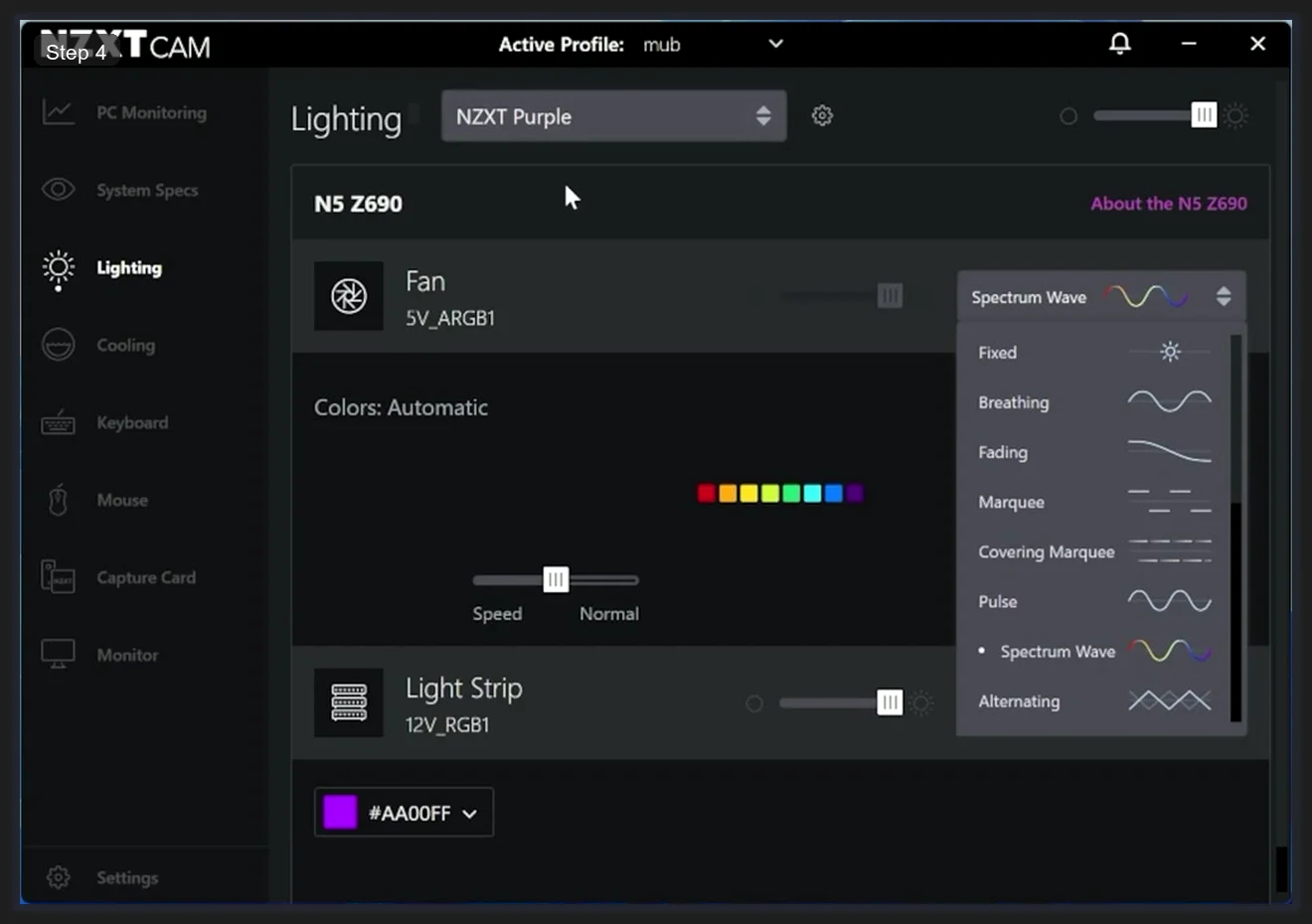 NZXT CAM Lighting effects dropdown showing Fixed, Breathing, Fading, Marquee, Covering Marquee, Pulse, Spectrum Wave, and Alternating effects