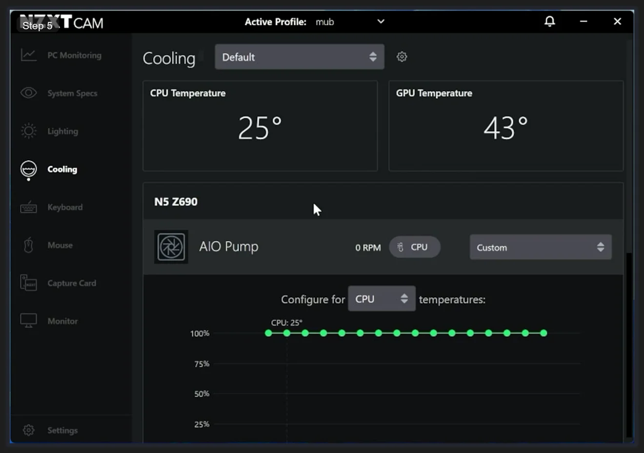NZXT CAM Cooling tab showing CPU temperature 25 degrees, GPU temperature 43 degrees, and AIO Pump custom fan curve configured at 100 percent across all temperatures