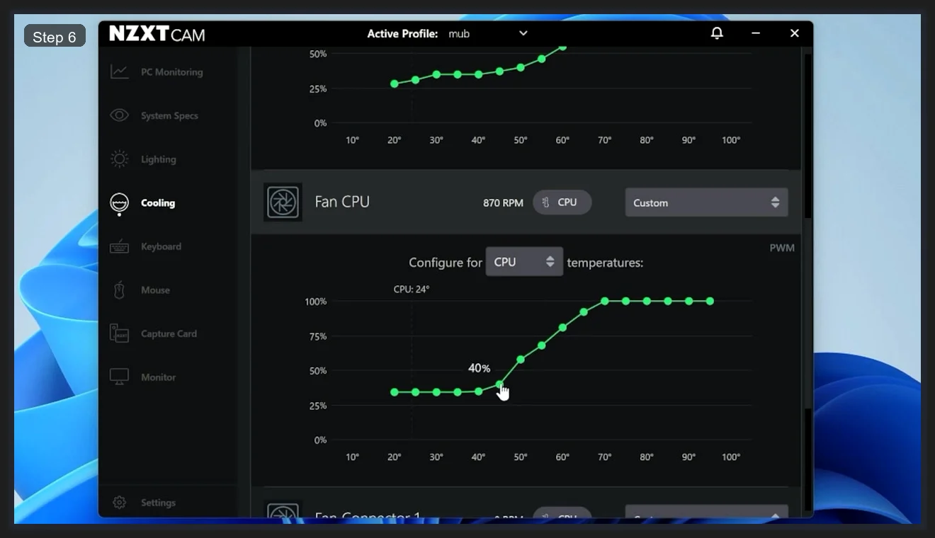 NZXT CAM Fan CPU custom fan curve showing S-shaped ramp from 30 percent at 20 degrees up to 100 percent by 70 degrees Celsius