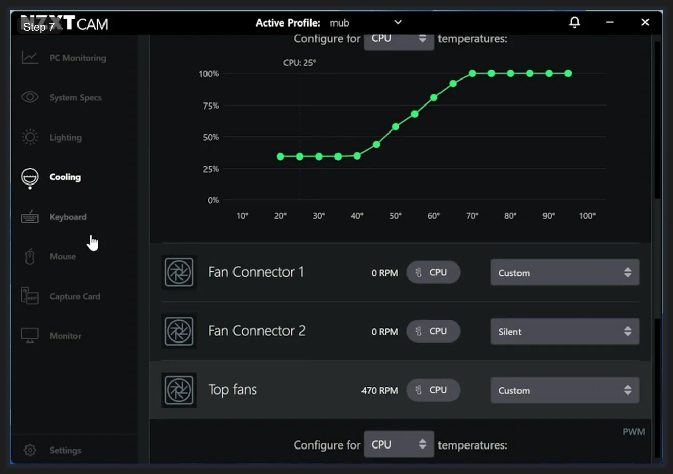 NZXT CAM Cooling fan list showing Fan Connector 1 at 0 RPM on Custom profile, Fan Connector 2 at 0 RPM on Silent profile, and Top Fans at 470 RPM on Custom profile
