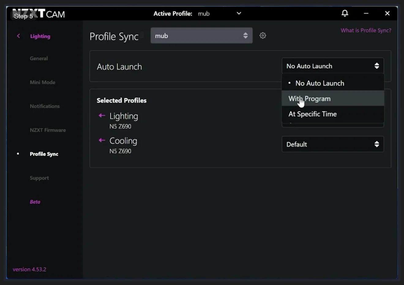 NZXT CAM Profile Sync with Auto Launch dropdown open showing No Auto Launch and With Program options