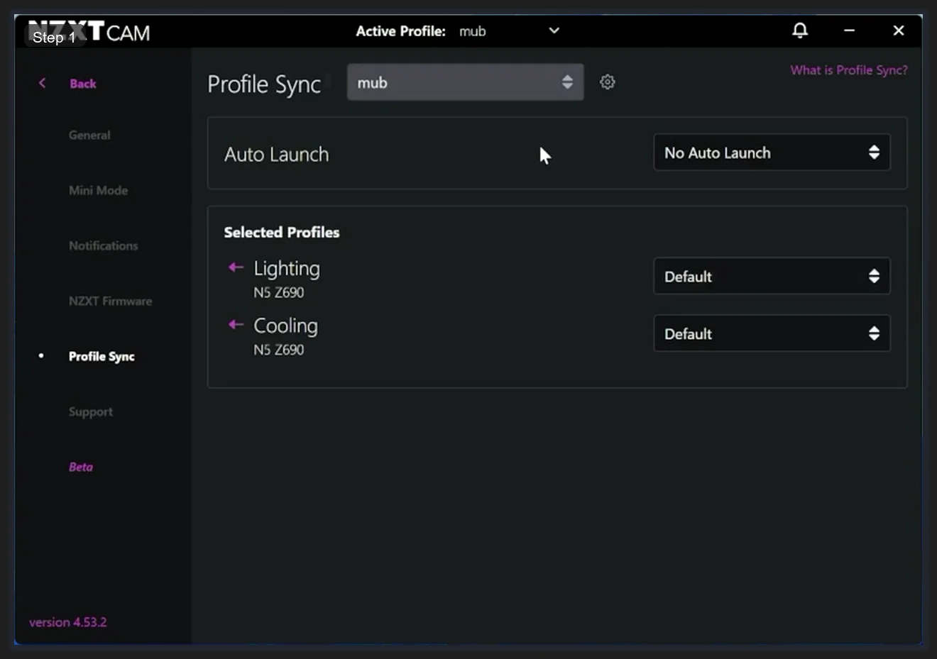 NZXT CAM Profile Sync settings showing N5 Z690 motherboard with Lighting and Cooling set to Default profile
