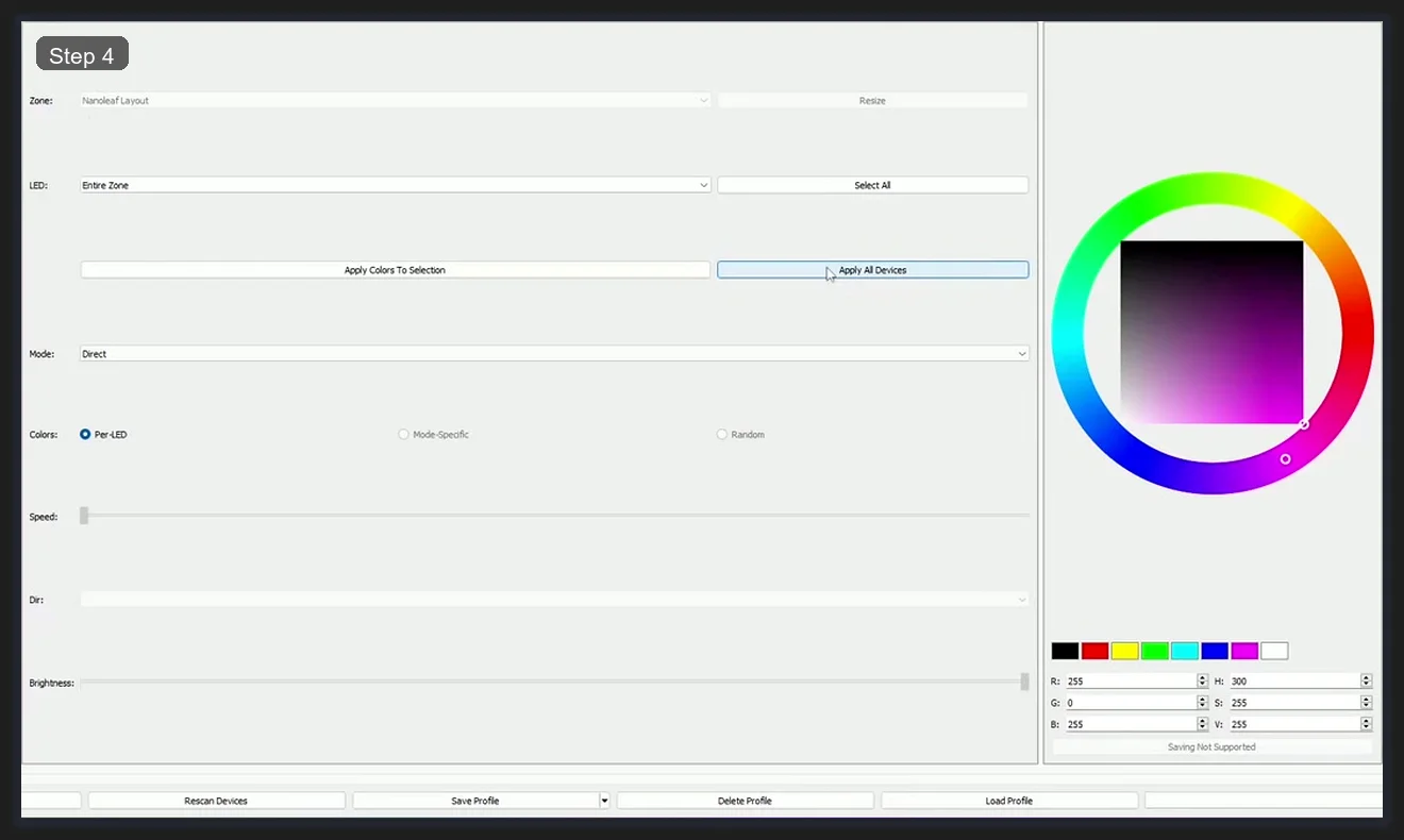 OpenRGB Devices tab showing Zone selector, Direct mode, and color picker wheel set to purple