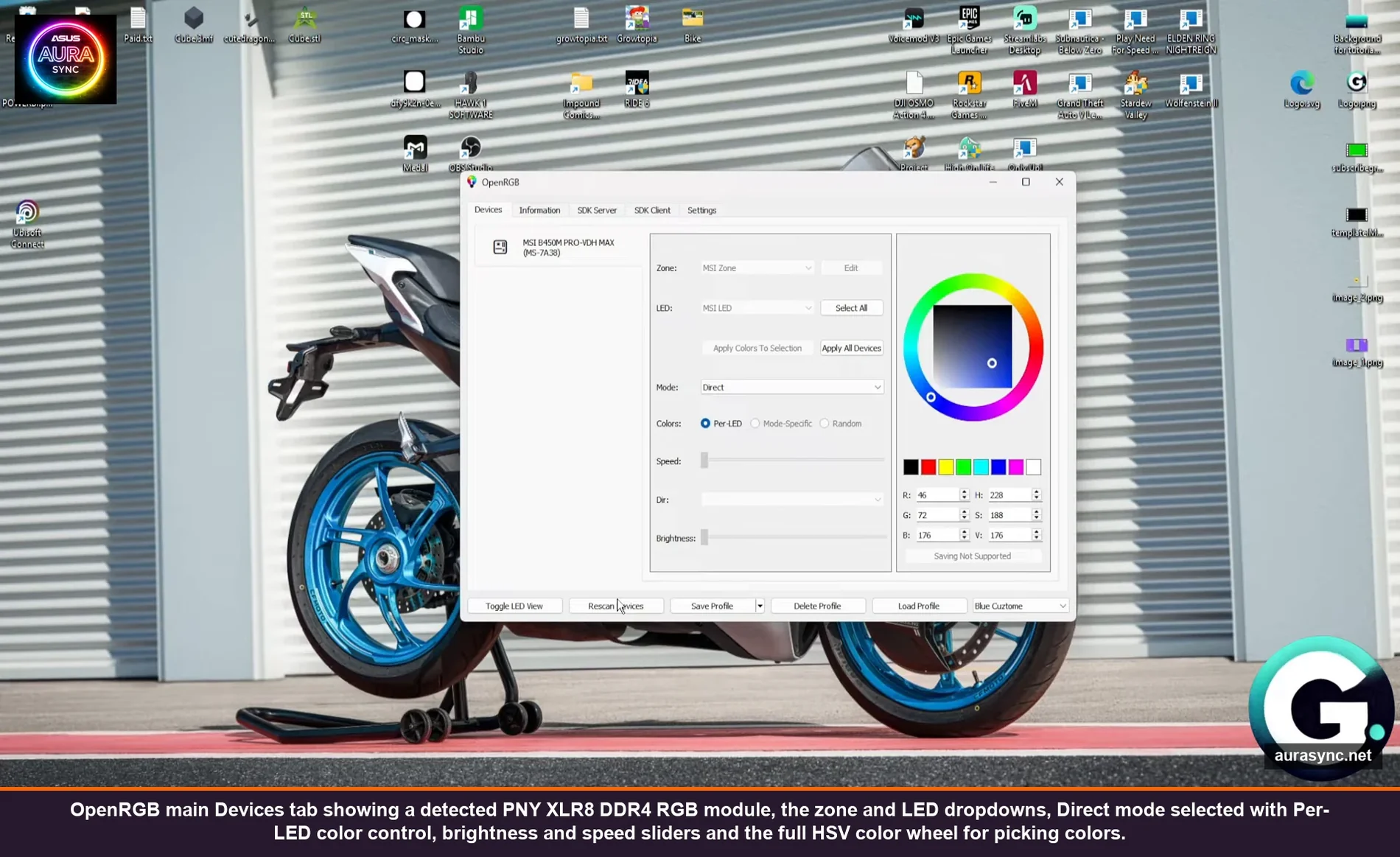 OpenRGB main Devices tab showing a detected PNY XLR8 DDR4 RGB module, the zone and LED dropdowns, Direct mode selected with Per-LED color control, brightness and speed sliders and the full HSV color wheel for picking colors