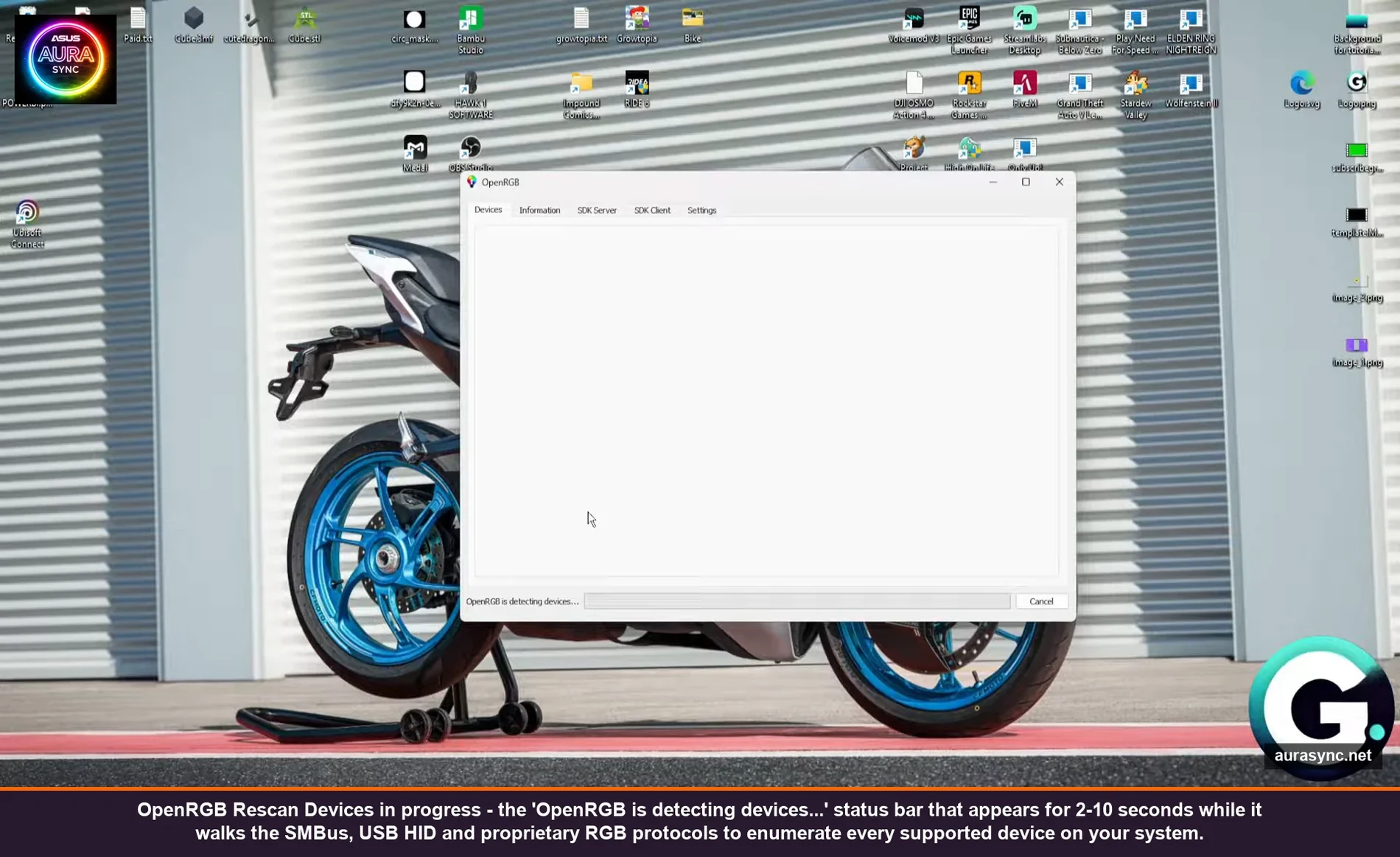 OpenRGB Rescan Devices in progress showing the OpenRGB is detecting devices status bar that appears for 2-10 seconds while it walks SMBus, USB HID and proprietary RGB protocols to enumerate every supported device on your system