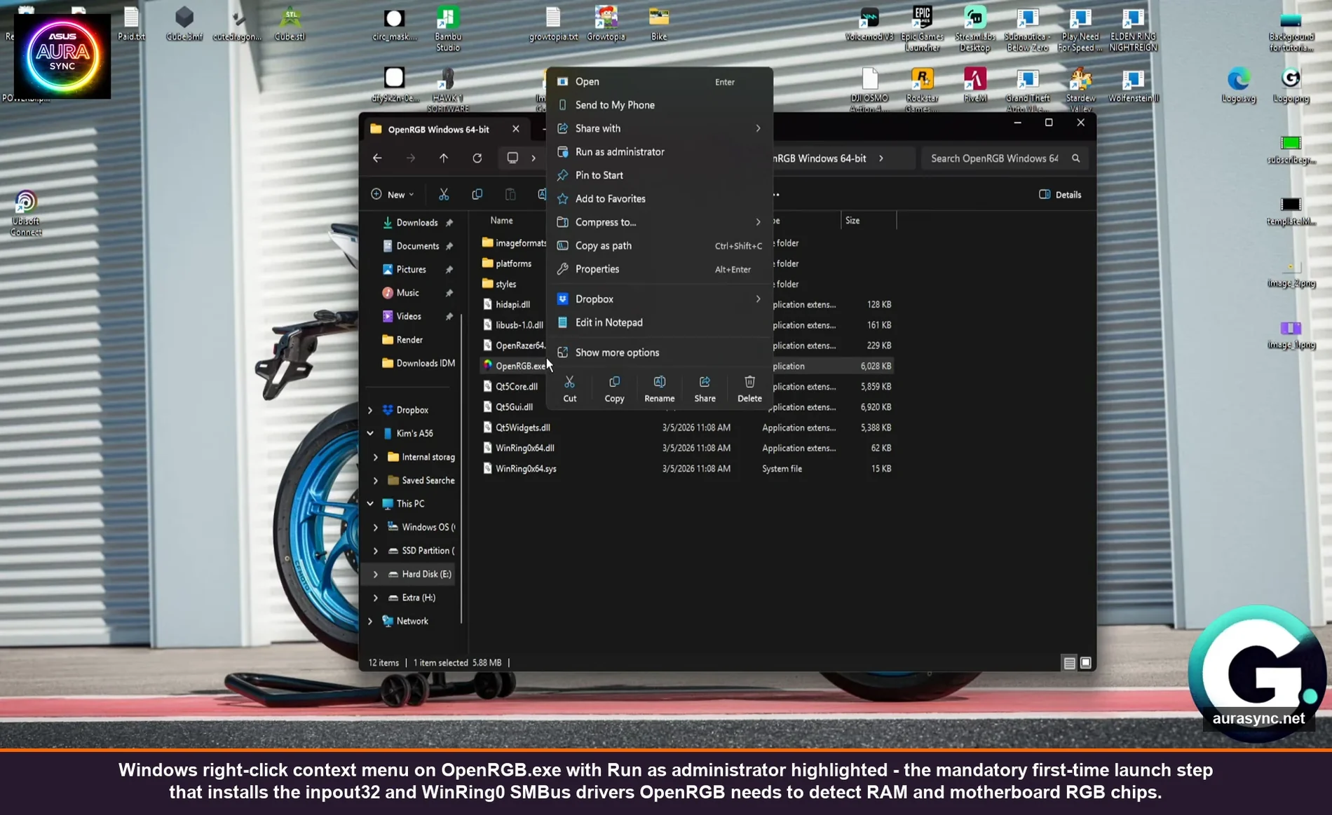 Windows right-click context menu on OpenRGB.exe with Run as administrator highlighted - the mandatory first-time launch step that installs the inpout32 and WinRing0 SMBus drivers OpenRGB needs to detect RAM and motherboard RGB chips