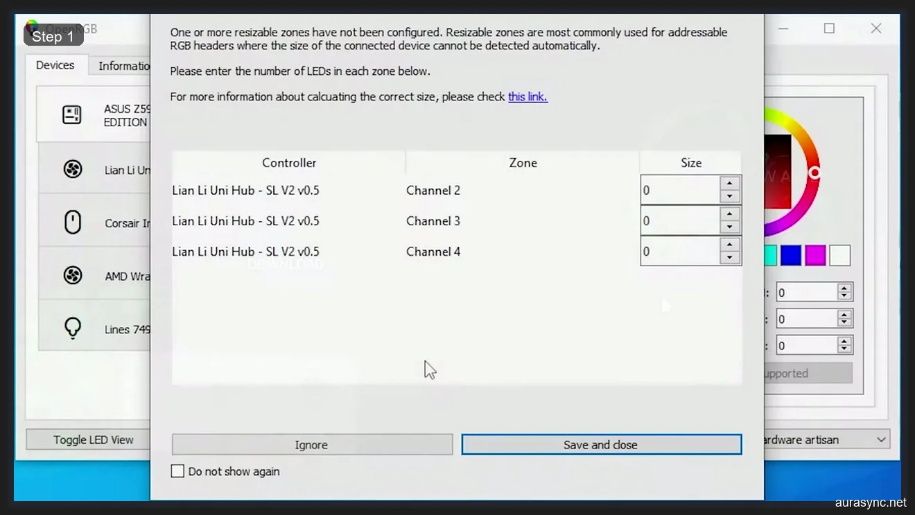 OpenRGB resizable zones configuration dialog showing Lian Li Uni Hub channels that need LED count setup