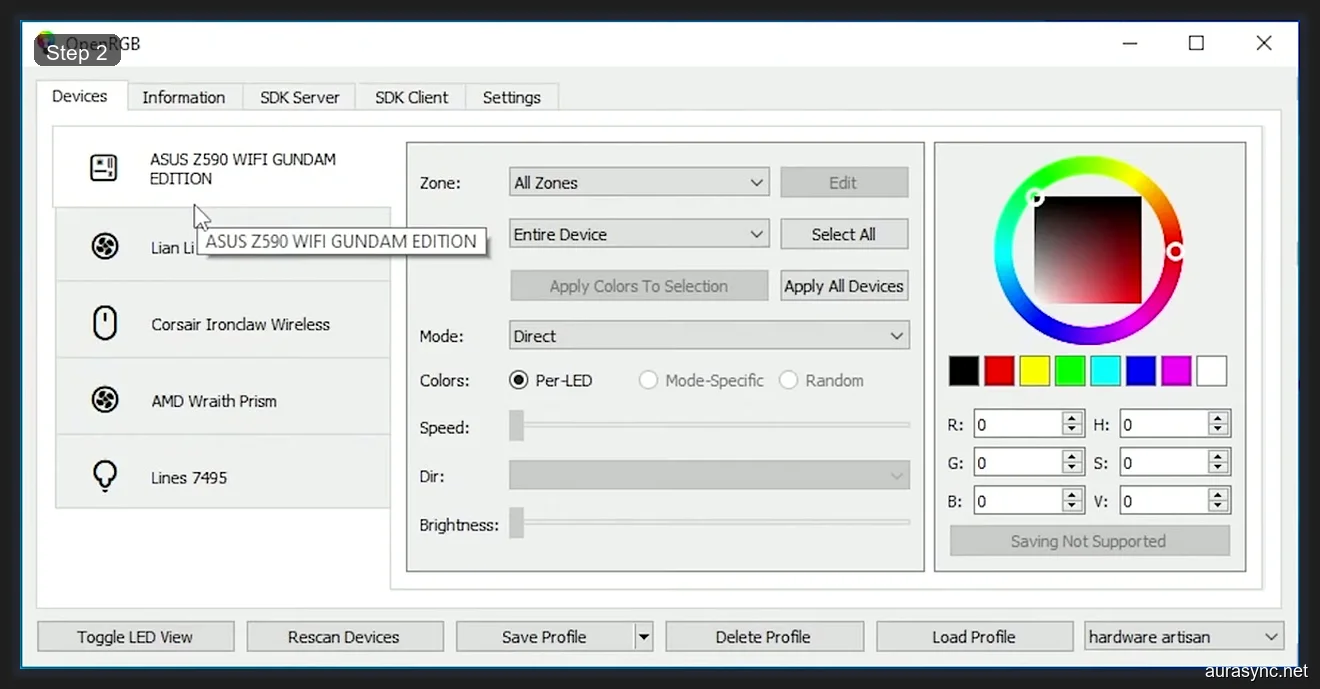 OpenRGB main interface showing ASUS Z590 Gundam Edition with detected devices, zone controls, color picker wheel, mode dropdown, and profile buttons