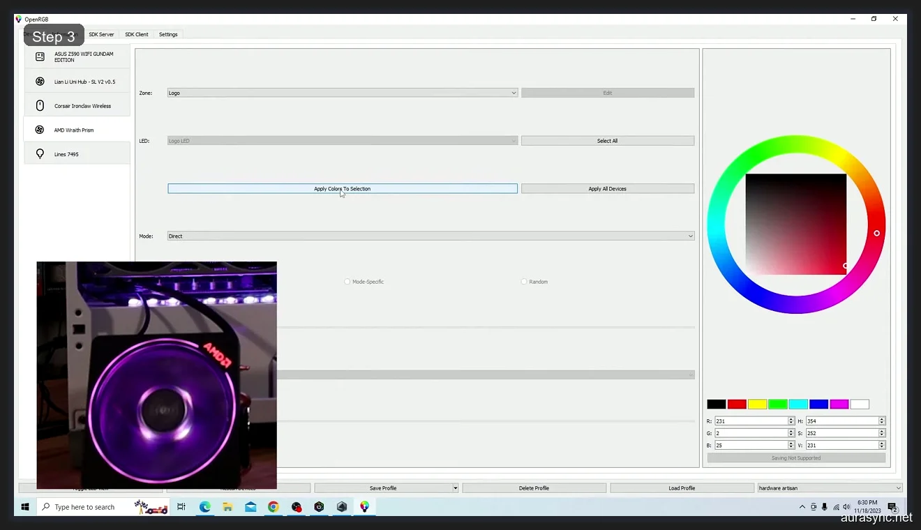 OpenRGB controlling AMD Wraith Prism cooler LED with purple color applied through zone and color picker