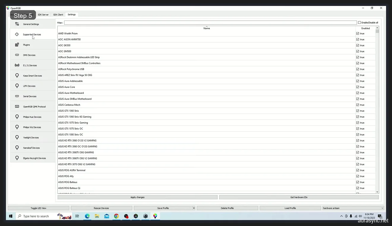 OpenRGB Settings showing full supported devices list including ASUS Aura, ASRock, AMD, AOC, Corsair, and many more