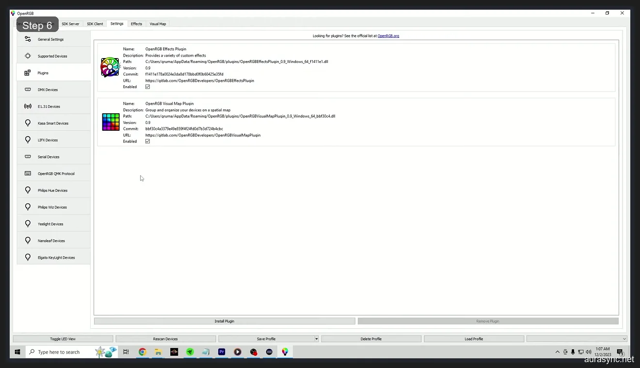 OpenRGB Settings showing installed plugins including OpenRGB Effects Plugin and Visual Map Plugin with GitLab links