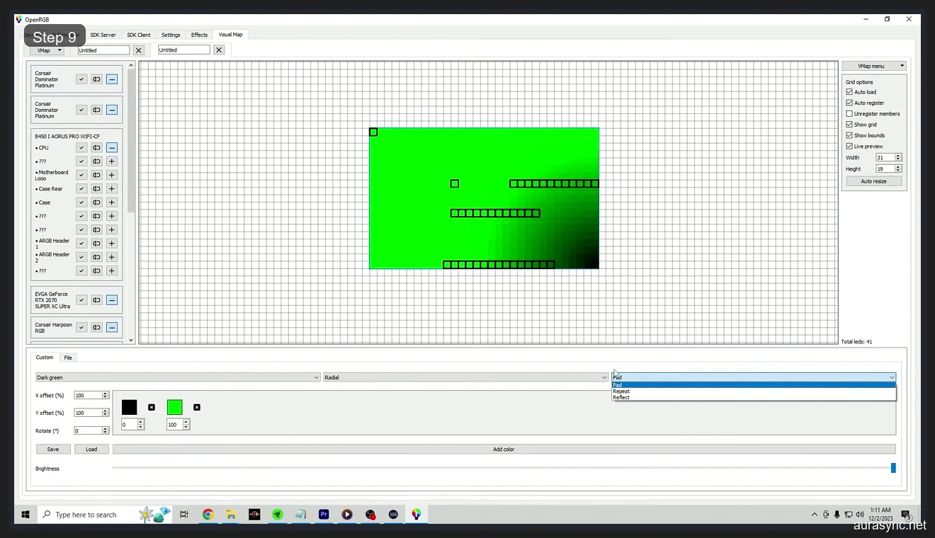 OpenRGB Visual Map editor with green radial gradient applied to B450 AORUS PRO and Corsair Dominator Platinum LEDs