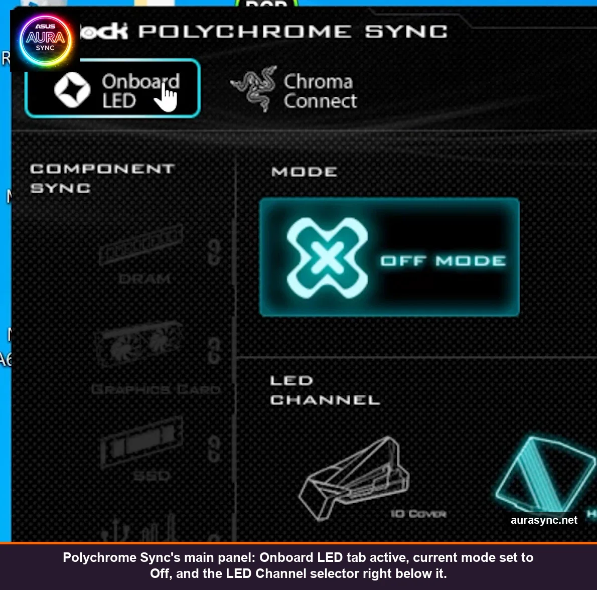 ASRock Polychrome Sync v2.0.0.114 main panel showing Onboard LED tab, Off Mode and the LED Channel selector