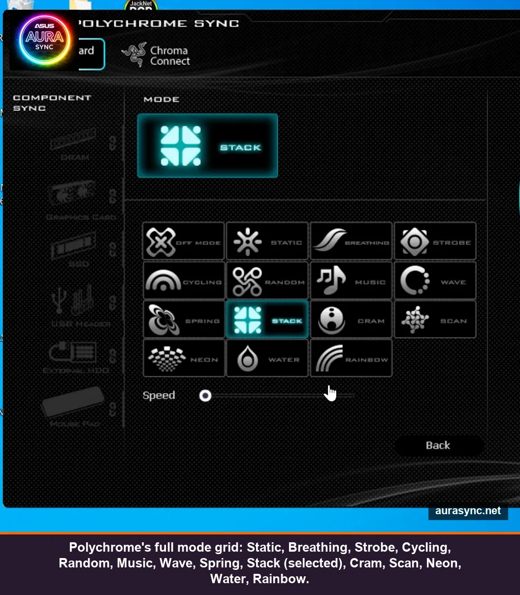 Polychrome's full 15-mode grid with Stack effect highlighted