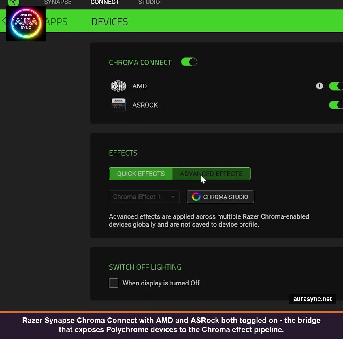 Razer Synapse Chroma Connect with AMD and ASRock devices toggled on, Quick Effects panel below