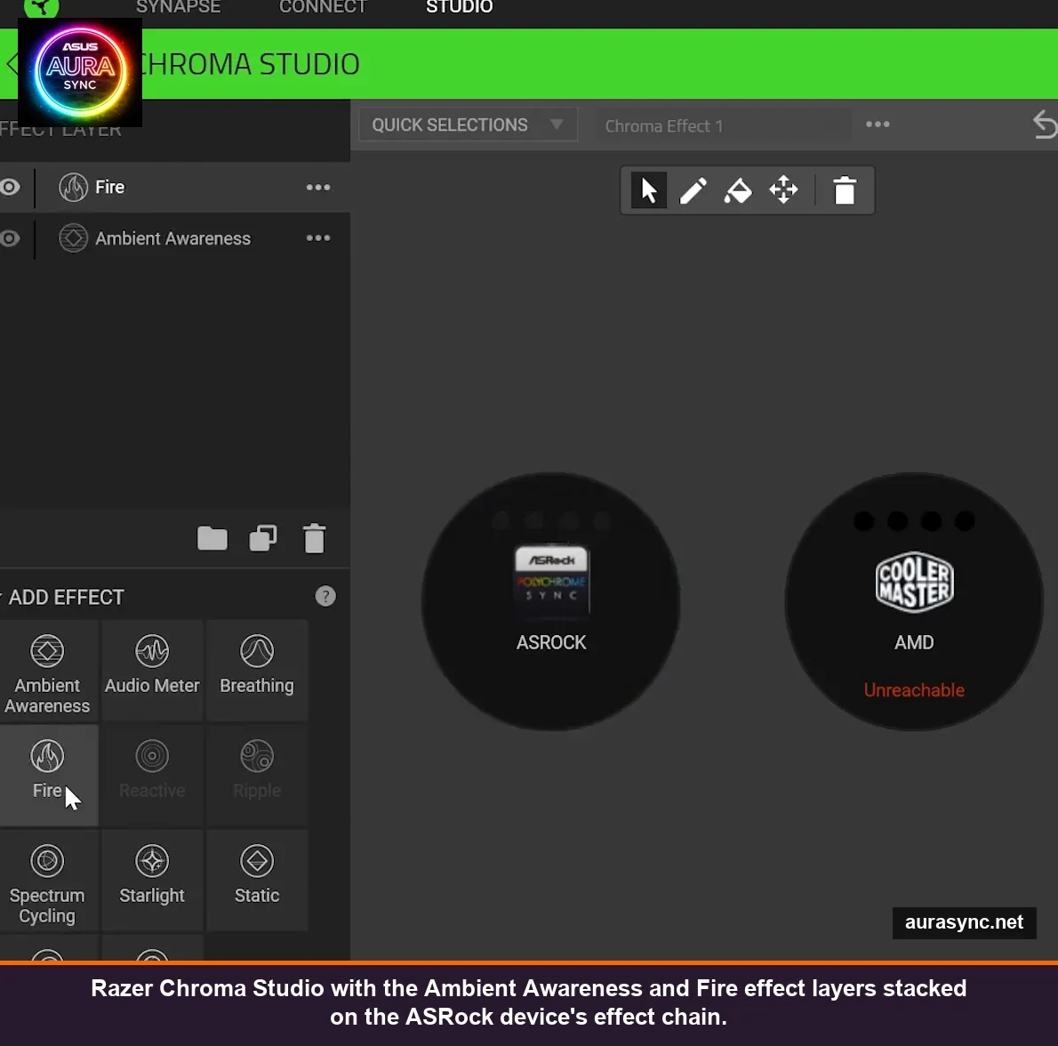 Razer Chroma Studio with Ambient Awareness and Fire effect layers stacked on the ASRock device chain