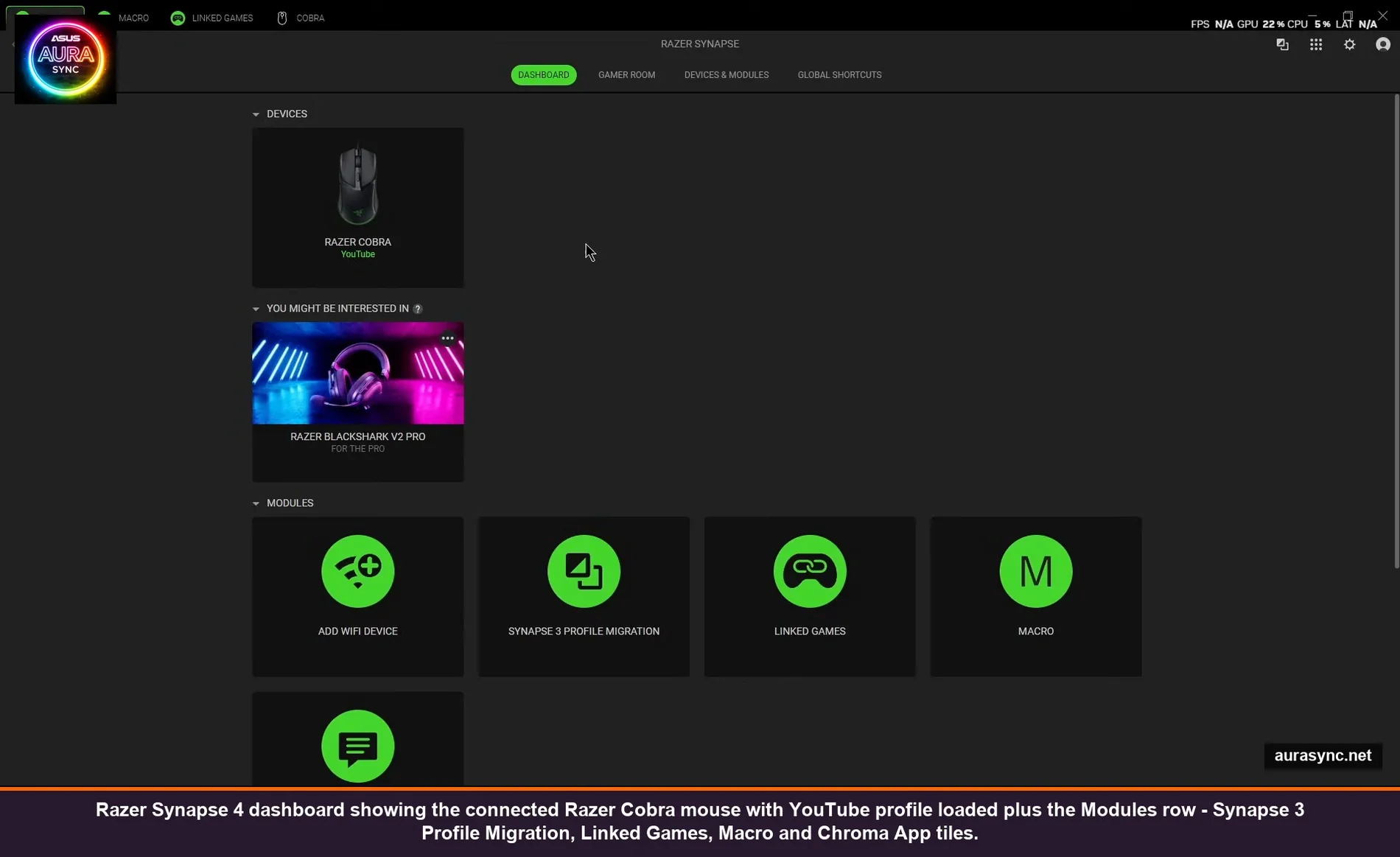 Razer Synapse 4 dashboard showing the connected Razer Cobra mouse with YouTube profile loaded plus the Modules row - Synapse 3 Profile Migration, Linked Games, Macro and Chroma App tiles