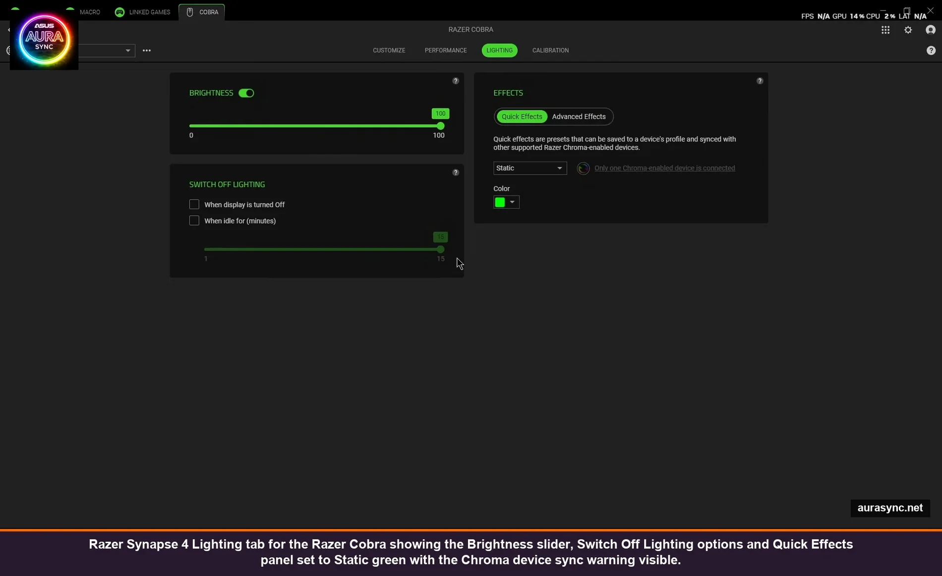 Razer Synapse 4 Lighting tab for the Razer Cobra showing the Brightness slider, Switch Off Lighting options and Quick Effects panel set to Static green with the Chroma device sync warning visible
