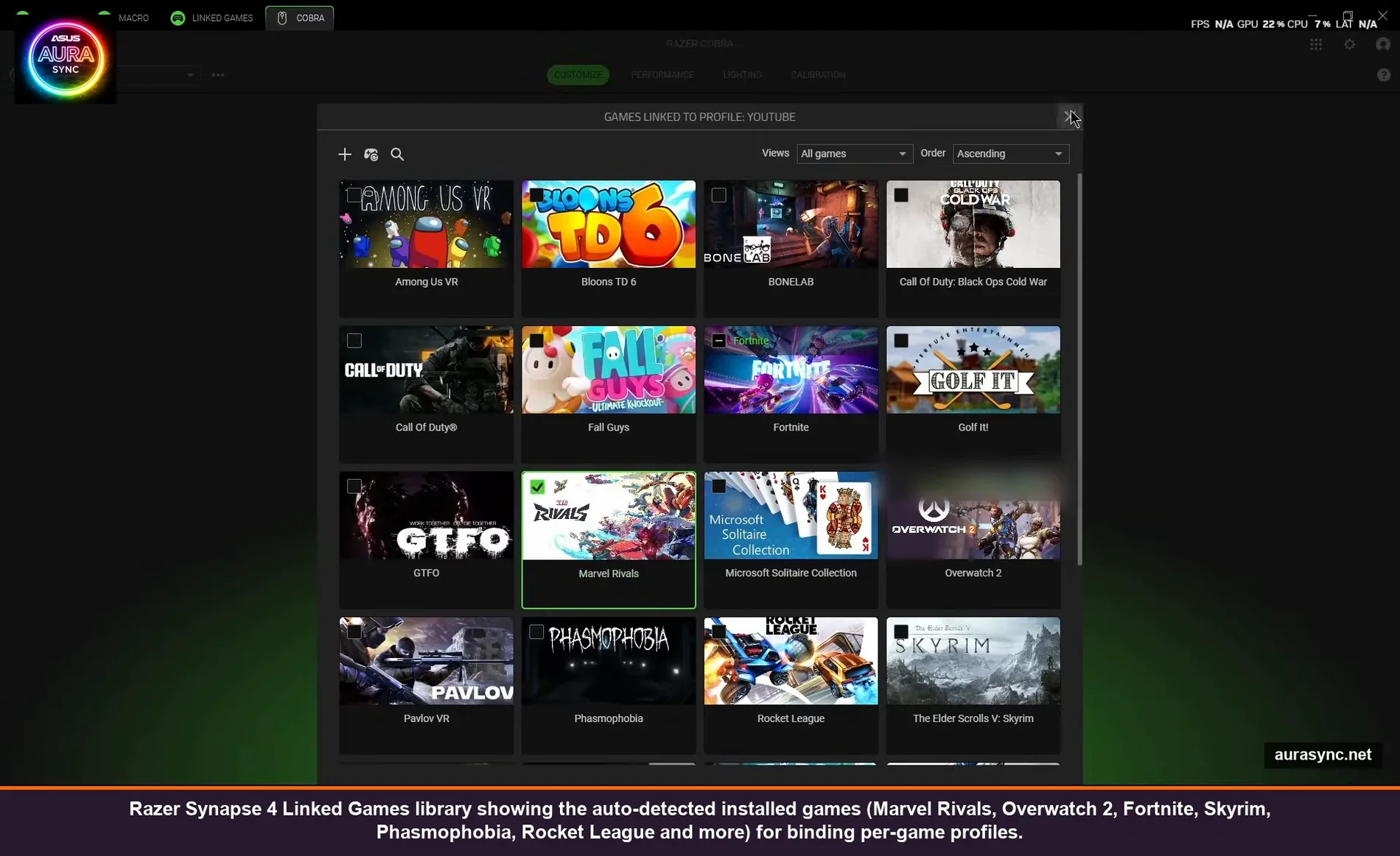 Razer Synapse 4 Linked Games library showing the auto-detected installed games (Marvel Rivals, Overwatch 2, Fortnite, Skyrim, Phasmophobia, Rocket League and more) for binding per-game profiles