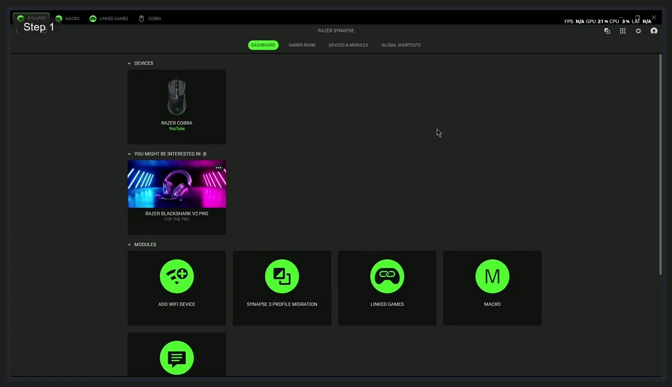 Razer Synapse 4 Dashboard showing Razer Cobra device and module tiles including Linked Games and Macro