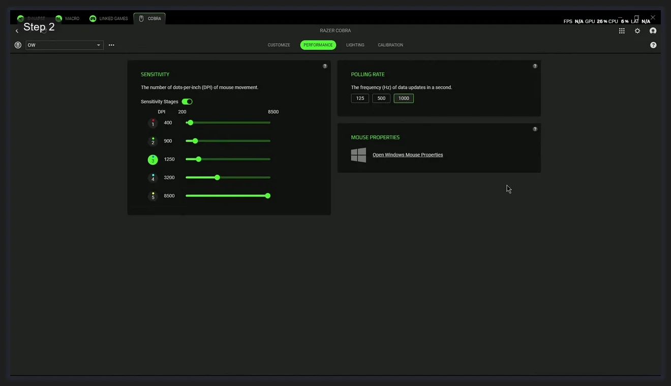 Razer Synapse 4 Performance tab showing five DPI sensitivity stages and polling rate options of 125, 500, and 1000 Hz