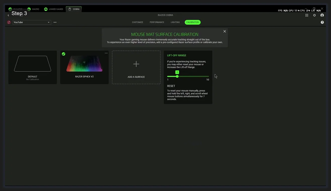 Razer Synapse 4 Calibration tab showing Mouse Mat Surface Calibration dialog with Razer Sphex V2 surface profile and Lift-Off Range slider