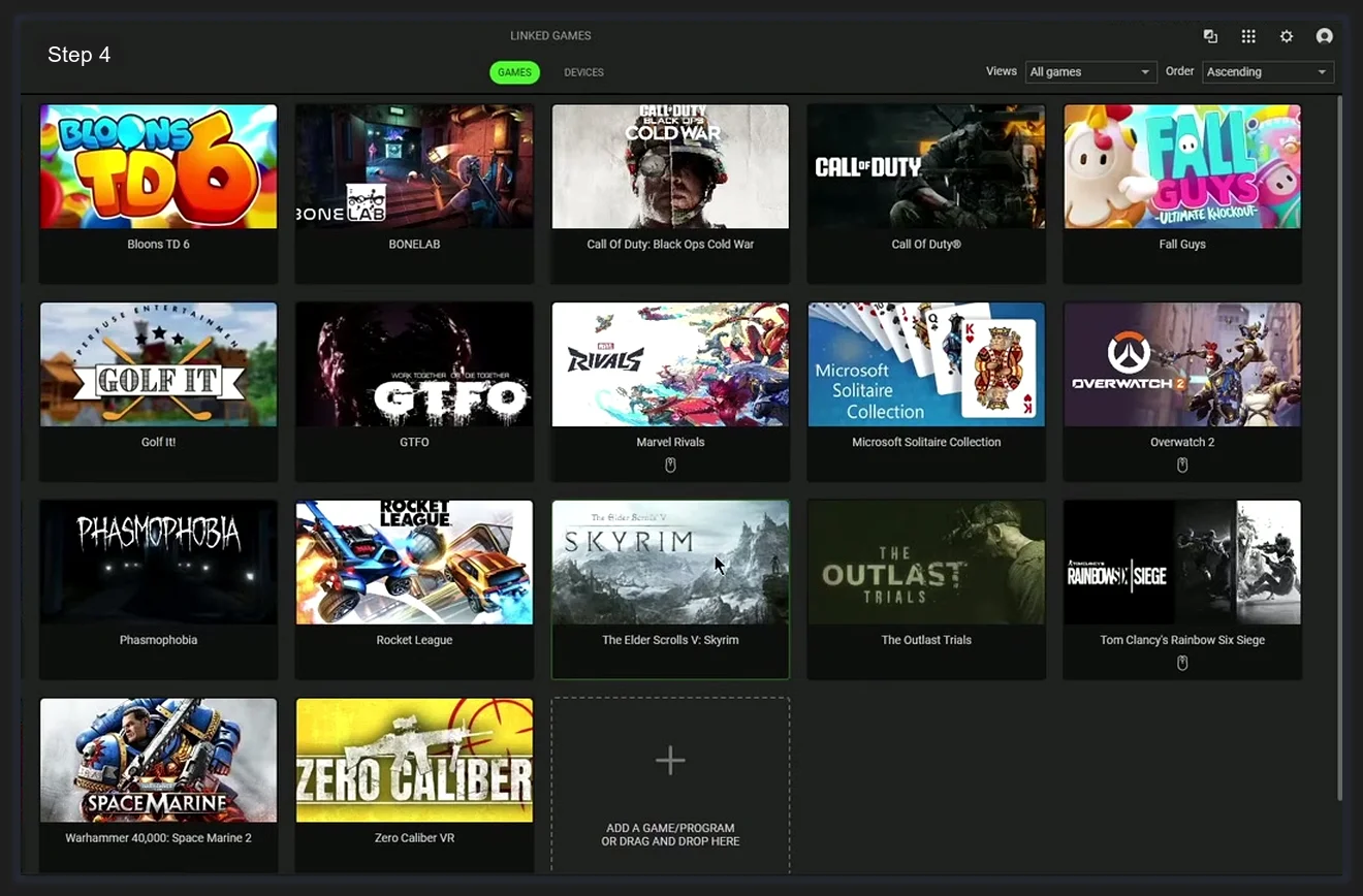 Razer Synapse 4 Linked Games module showing a full grid of game tiles including Overwatch 2, Skyrim, Phasmophobia, and Marvel Rivals