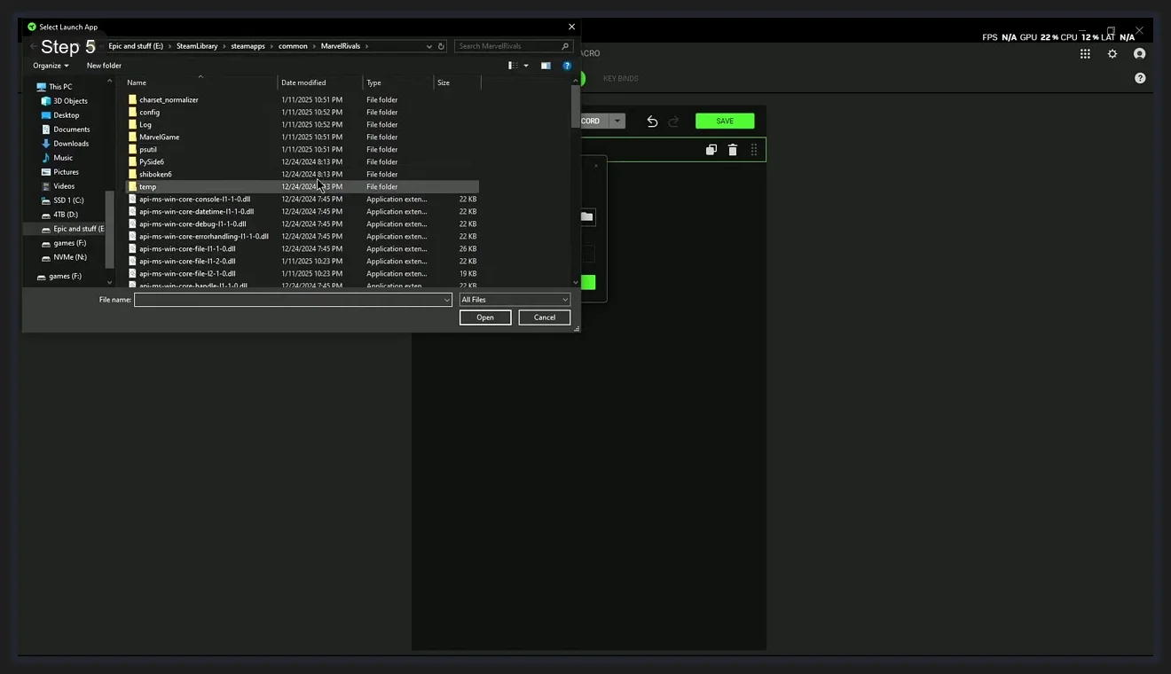 Razer Synapse 4 Macro Launch action showing a Windows file picker dialog navigating to MarvelRivals game folder