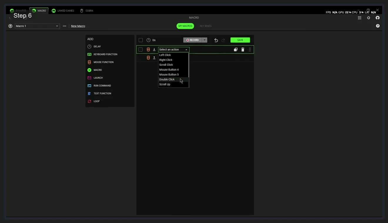 Razer Synapse 4 Macro editor showing action type sidebar with Mouse Function dropdown expanded listing Left Click, Right Click, Double Click, and Scroll options