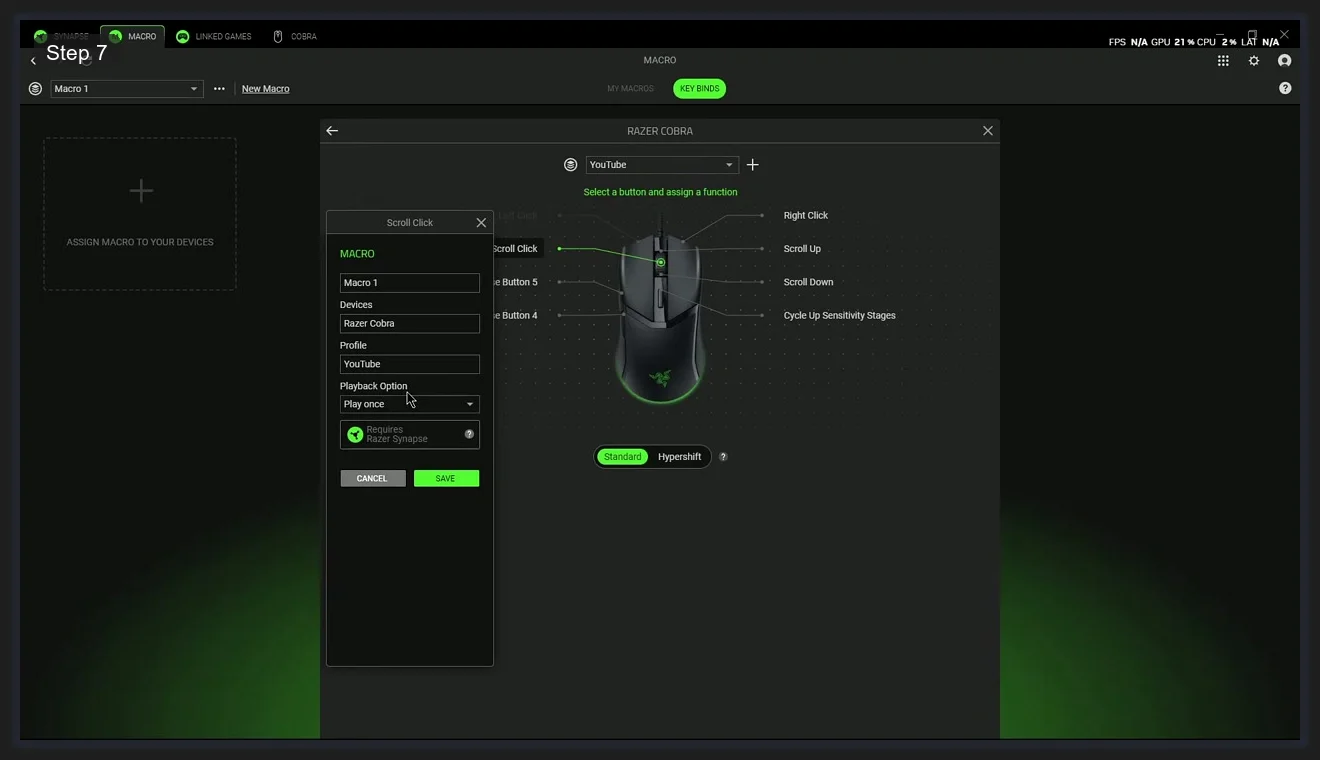 Razer Synapse 4 Key Binds tab showing Razer Cobra diagram with Scroll Click assignment dialog for Macro 1 with Play Once playback option