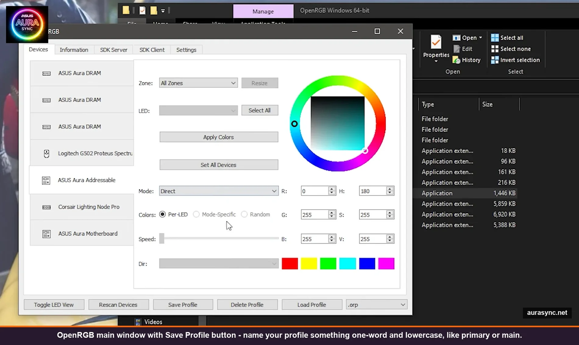 OpenRGB main window with devices list showing ASUS Aura DRAM, Logitech G502 Proteus Spectrum, Corsair Lighting Node Pro and the Save Profile button highlighted at bottom