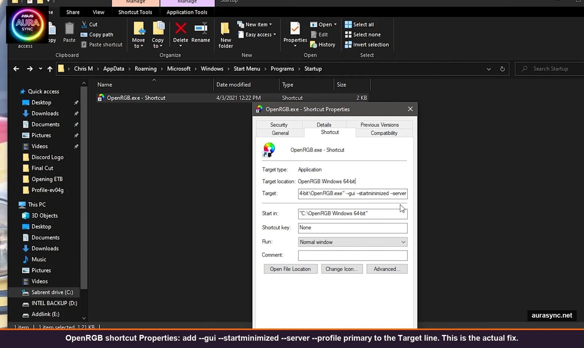 OpenRGB shortcut Properties dialog with Target field containing OpenRGB.exe followed by gui startminimized server profile parameters