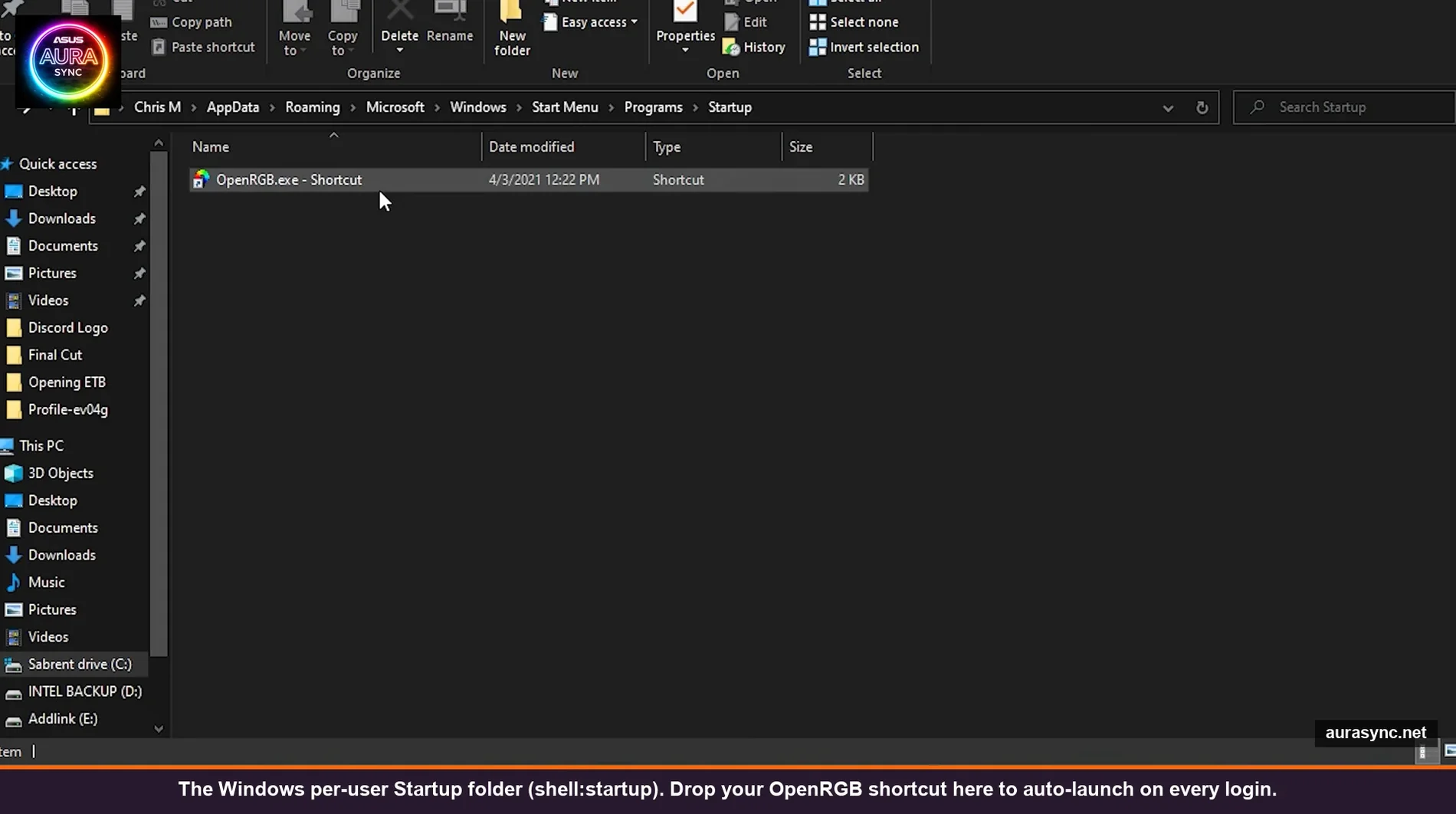 Windows File Explorer showing the per-user Startup folder at AppData Roaming Microsoft Windows Start Menu Programs Startup with OpenRGB shortcut inside