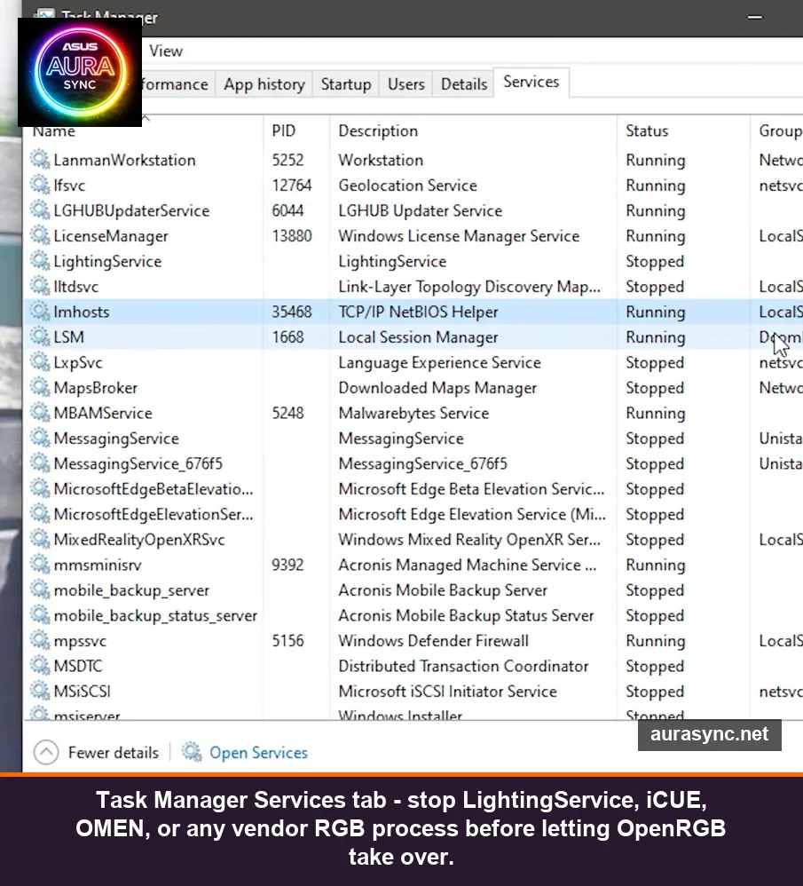 Windows Task Manager Services tab showing LightingService, LGHUBUpdaterService and Microsoft service entries used to stop vendor RGB processes