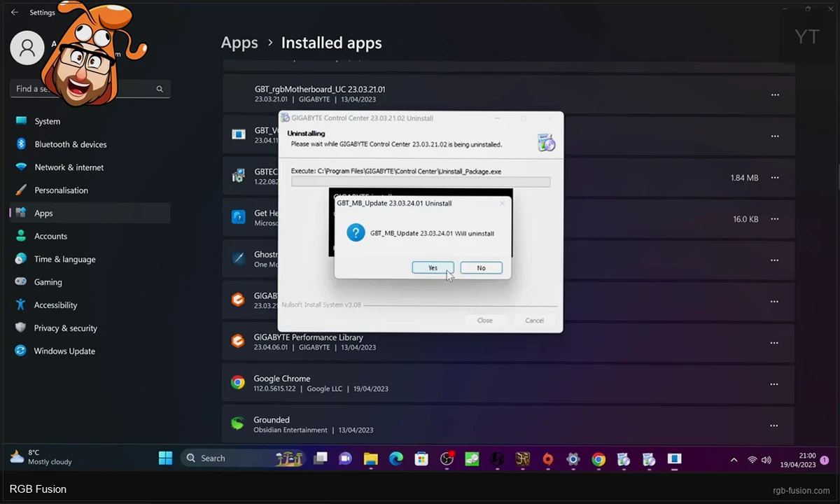 RGB Fusion 2.0 lighting effects panel with Breathing mode selected, showing the color wheel with orange selected, speed slider at medium, and brightness control below