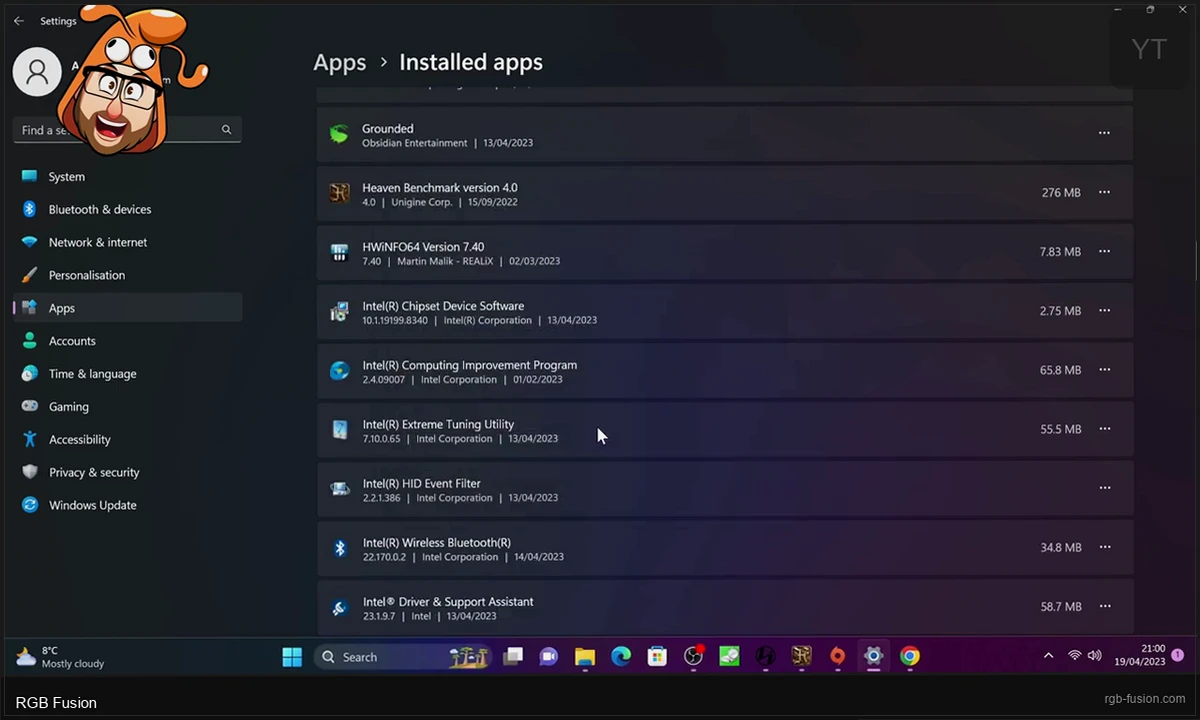 RGB Fusion 2.0 showing Static lighting mode selected with hex color input field, brightness slider, and the motherboard preview updating in real time to show the chosen color