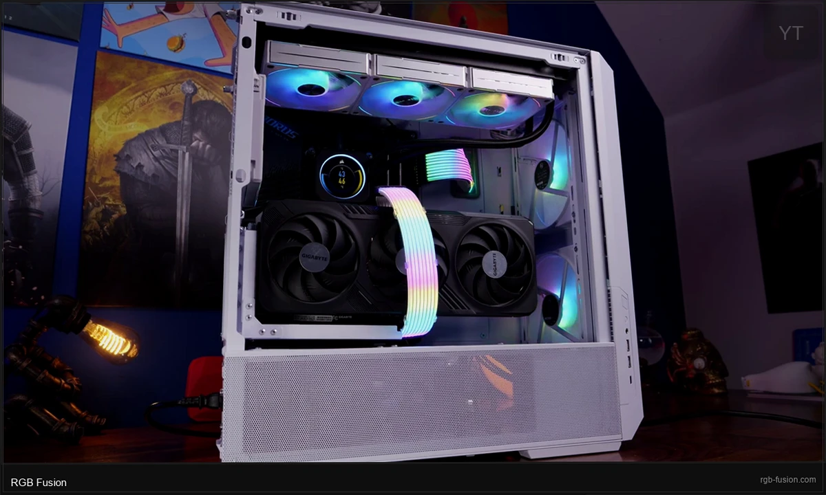 RGB Fusion 2.0 sync toggle enabled showing all motherboard zones, GPU, and RAM modules displaying the same blue Cycle effect simultaneously across the entire system