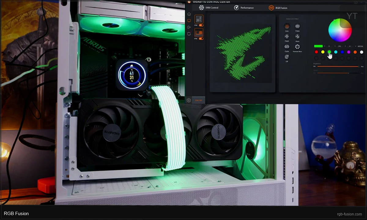 RGB Fusion 2.0 interface showing color picker and Gigabyte AORUS PC build with RGB lighting