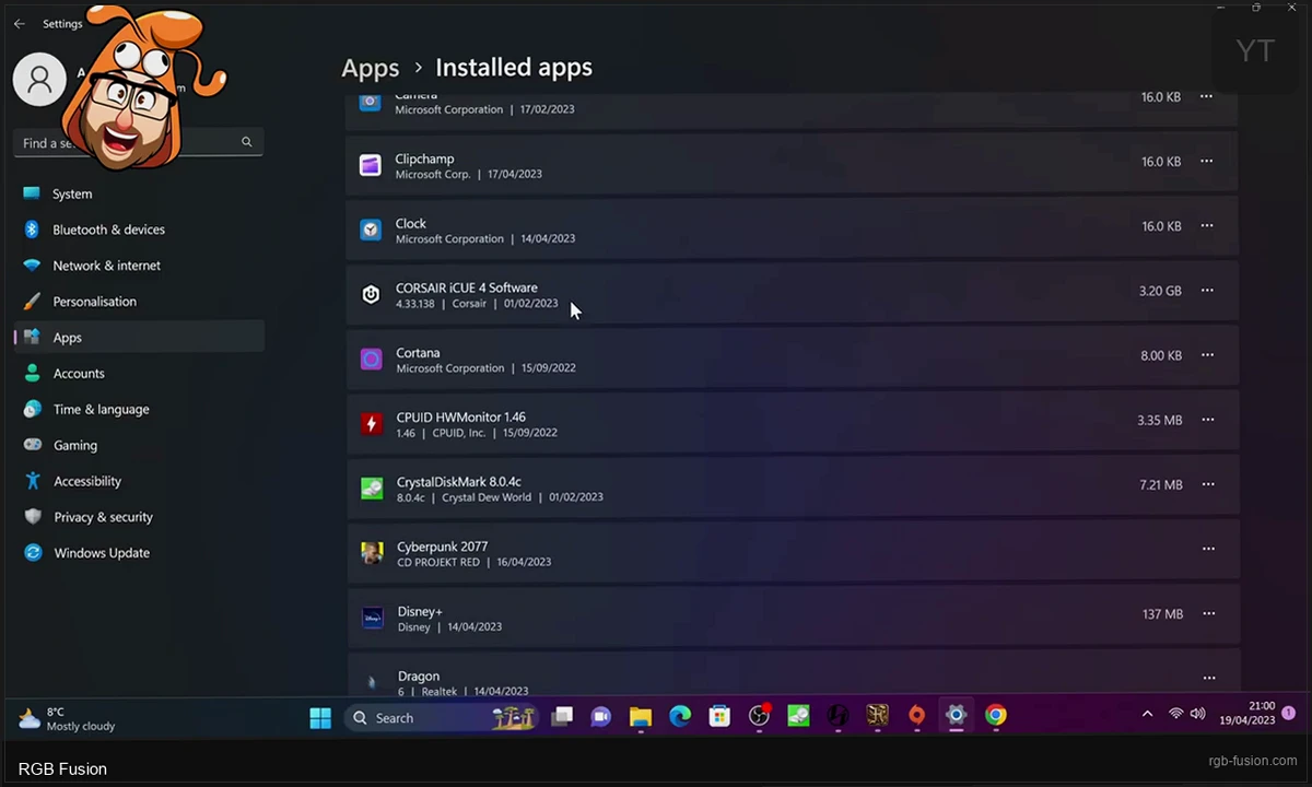Windows Installed Apps settings showing conflicting RGB software